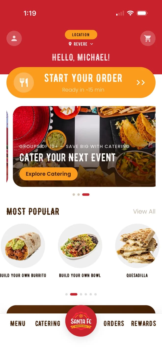 Santa Fe app home screen with Start your order and Most popular