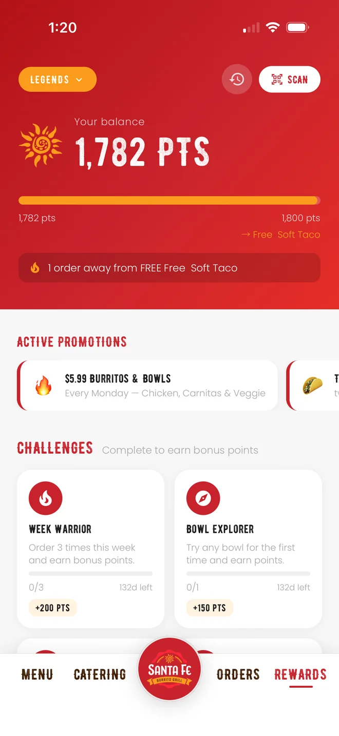 Santa Fe app rewards screen showing points balance and active promotions