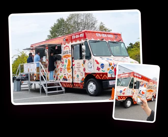 The Santa Fe Burrito Grill food truck, painted with marigolds and Mexican folk art, serving guests at an outdoor event, and a foil-wrapped Santa Fe burrito held up in front of the truck